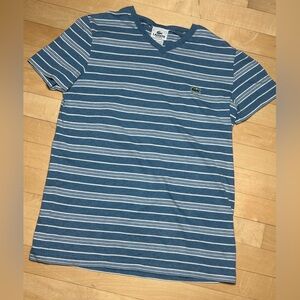 Lacoste Teal and White Striped Tee